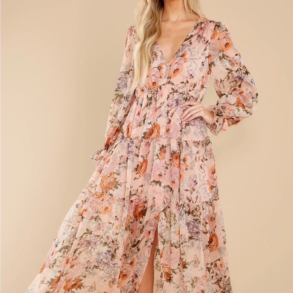 Peach Floral Print Maxi Dress-size L